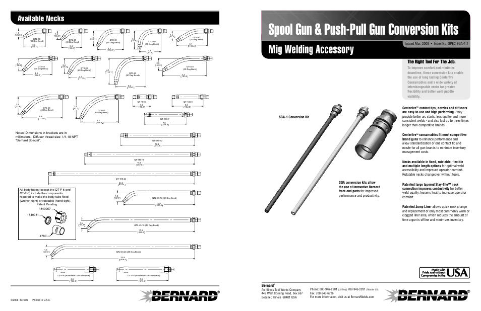 Spool gun & push-pull gun conversion kits, Mig welding accessory, Available necks | The right tool for the job, Bernard, Sga-1 conversion kit, Centerfire | Bernard SGA-2 User Manual | Page 4 / 4