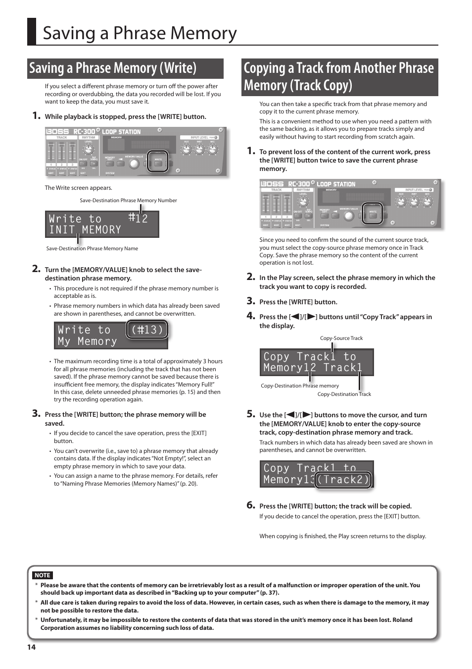 Saving a phrase memory, Saving a phrase memory (write) | Boss Audio Systems Boss Loop Station RC-300 User Manual | Page 14 / 48