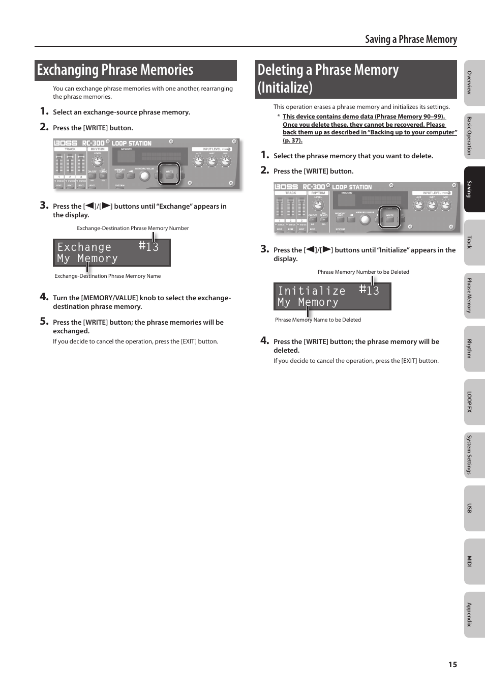 Exchanging phrase memories, Deleting a phrase memory (initialize) | Boss Audio Systems Boss Loop Station RC-300 User Manual | Page 15 / 48