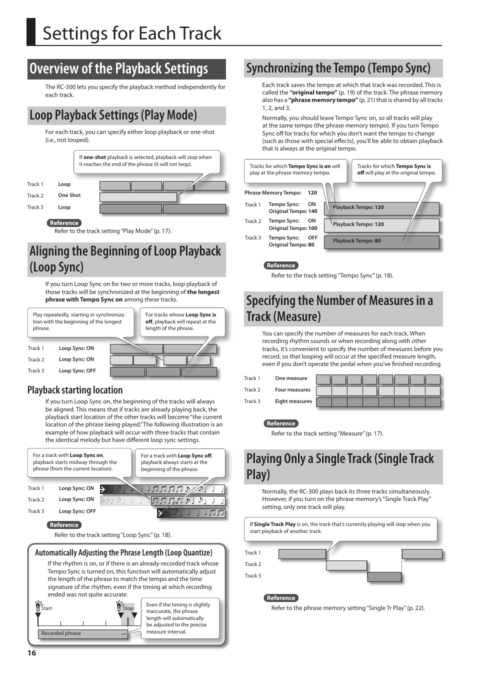Settings for each track, Overview of the playback settings, Loop playback settings (play mode) | Synchronizing the tempo (tempo sync), Playing only a single track (single track play), Playback starting location | Boss Audio Systems Boss Loop Station RC-300 User Manual | Page 16 / 48