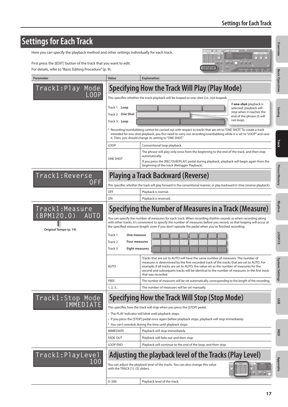 Settings for each track, Specifying how the track will play (play mode), Playing a track backward (reverse) | Specifying how the track will stop (stop mode), Track1:play mode loop, Track1:reverse off, Track1:stop mode immediate, Track1:playlevel 100 | Boss Audio Systems Boss Loop Station RC-300 User Manual | Page 17 / 48