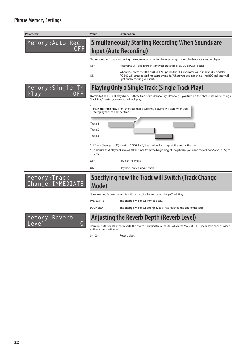 Playing only a single track (single track play), Adjusting the reverb depth (reverb level), Simultaneously starting recording when sounds are | Boss Audio Systems Boss Loop Station RC-300 User Manual | Page 22 / 48