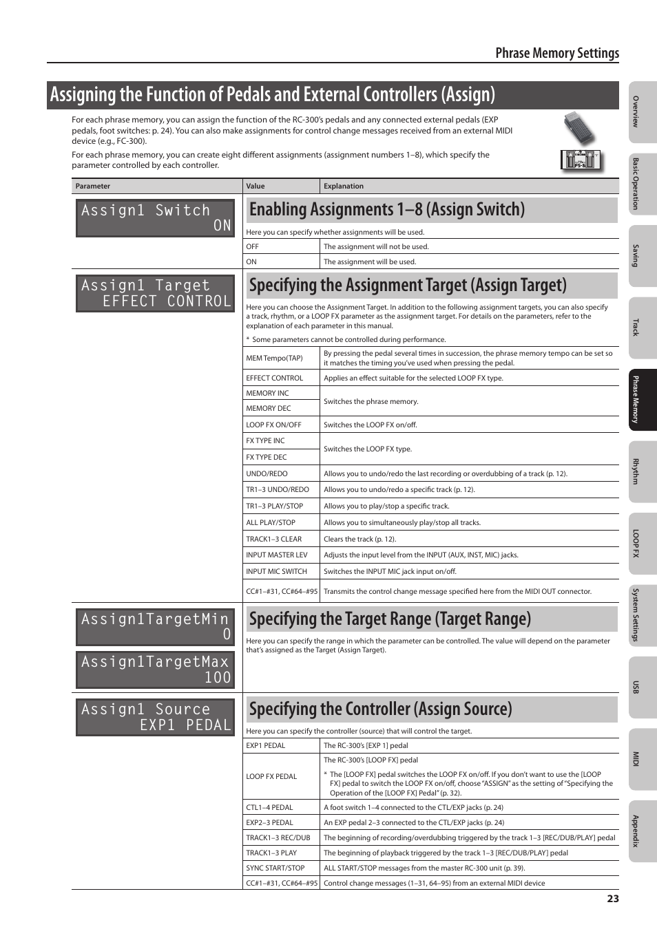 Enabling assignments 1–8 (assign switch), Specifying the assignment target (assign target), Specifying the target range (target range) | Specifying the controller (assign source), Assign), Assign1 switch on, Assign1 target effect control, Assign1 source exp1 pedal | Boss Audio Systems Boss Loop Station RC-300 User Manual | Page 23 / 48