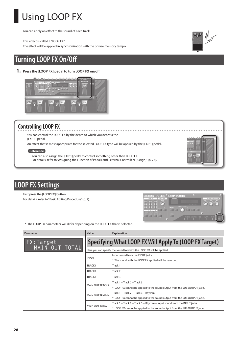 Using loop fx, Turning loop fx on/off, Loop fx settings | Controlling loop fx, Fx:target main out total | Boss Audio Systems Boss Loop Station RC-300 User Manual | Page 28 / 48