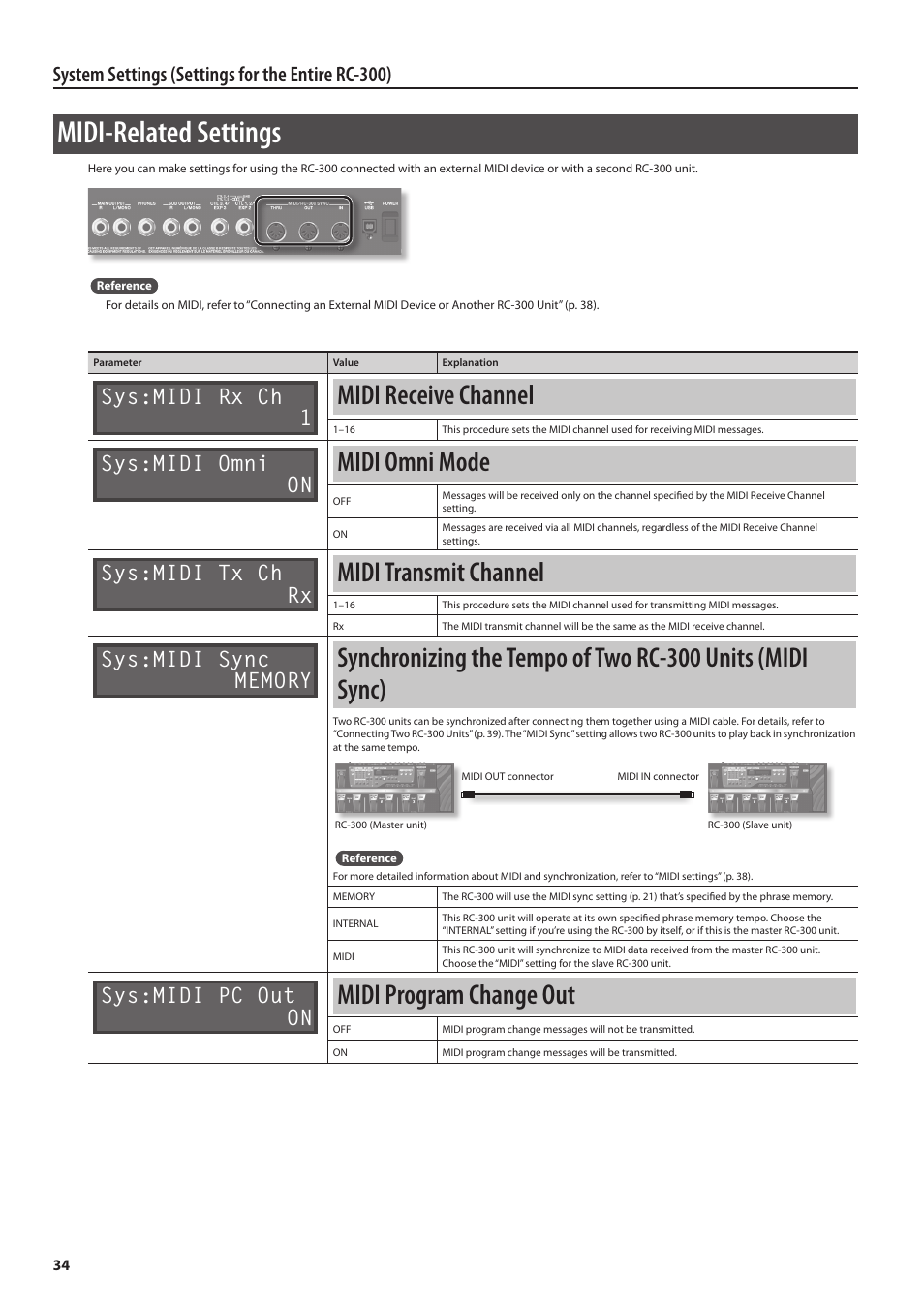 Midi-related settings, Midi receive channel, Midi omni mode | Midi transmit channel, Midi program change out, System settings (settings for the entire rc-300), Sys:midi rx ch 1, Sys:midi omni on, Sys:midi tx ch rx, Sys:midi pc out on | Boss Audio Systems Boss Loop Station RC-300 User Manual | Page 34 / 48