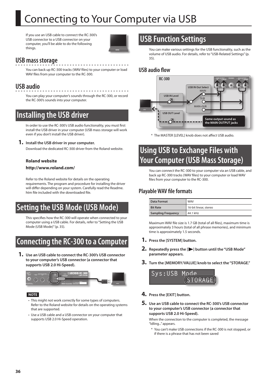 Connecting to your computer via usb, Installing the usb driver, Setting the usb mode (usb mode) | Connecting the rc-300 to a computer, Usb function settings, Usb mass storage, Usb audio, Usb audio flow, Playable wav file formats, Sys:usb mode storage 4 | Boss Audio Systems Boss Loop Station RC-300 User Manual | Page 36 / 48