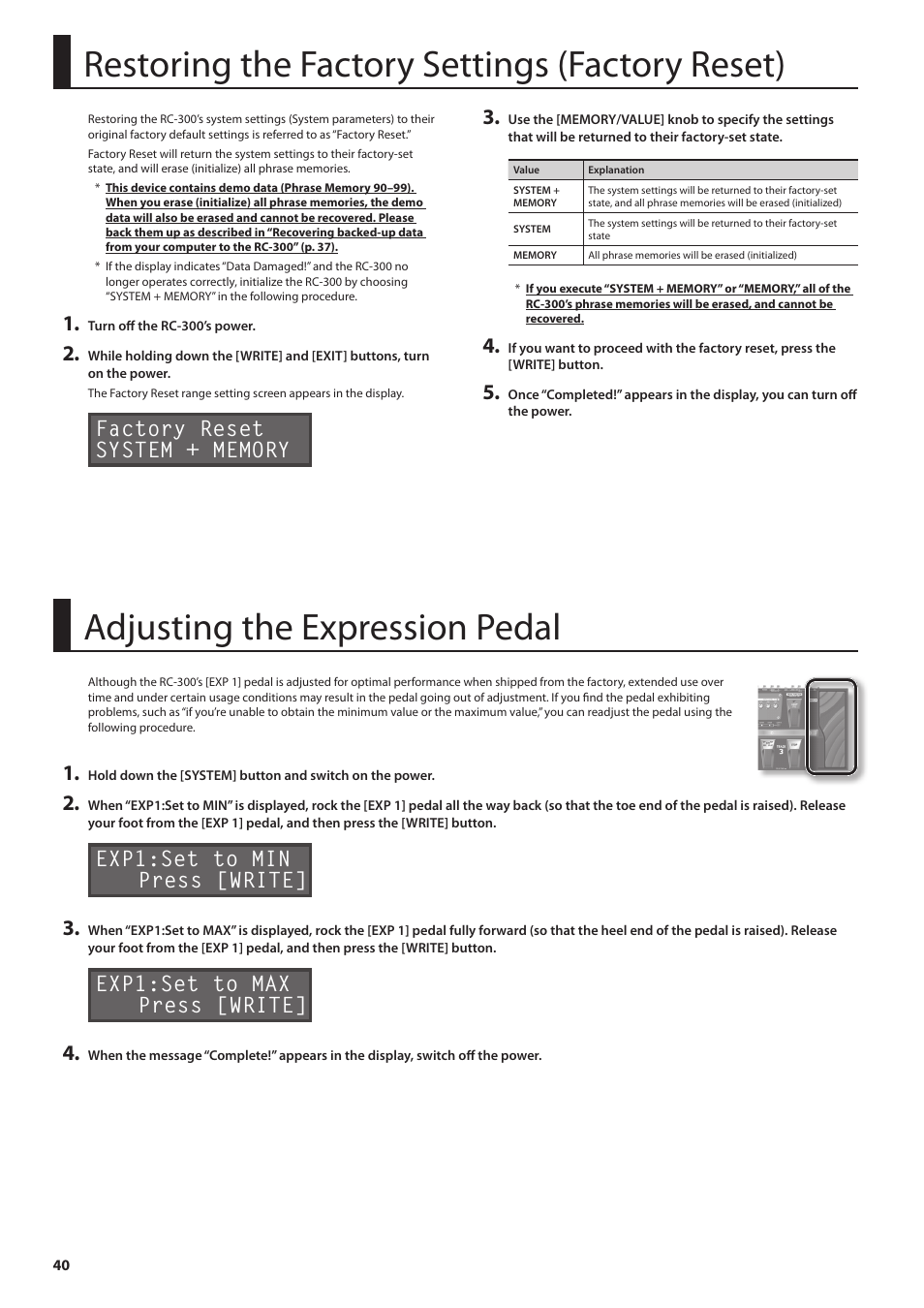 Restoring the factory settings (factory reset), Adjusting the expression pedal, Exp1:set to min press [write] 3 | Exp1:set to max press [write] 4 | Boss Audio Systems Boss Loop Station RC-300 User Manual | Page 40 / 48
