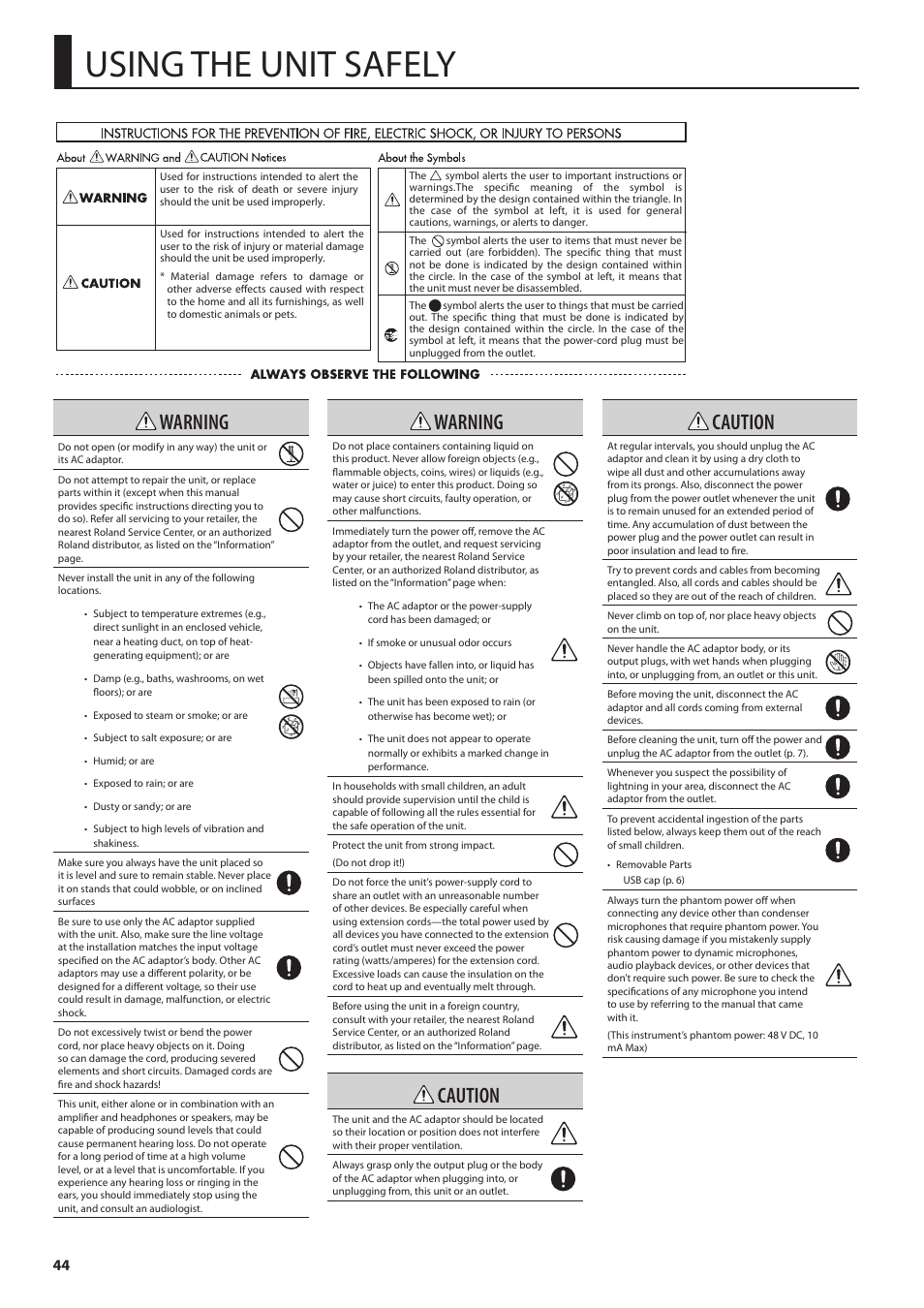 Using the unit safely, Warning, Caution | Boss Audio Systems Boss Loop Station RC-300 User Manual | Page 44 / 48