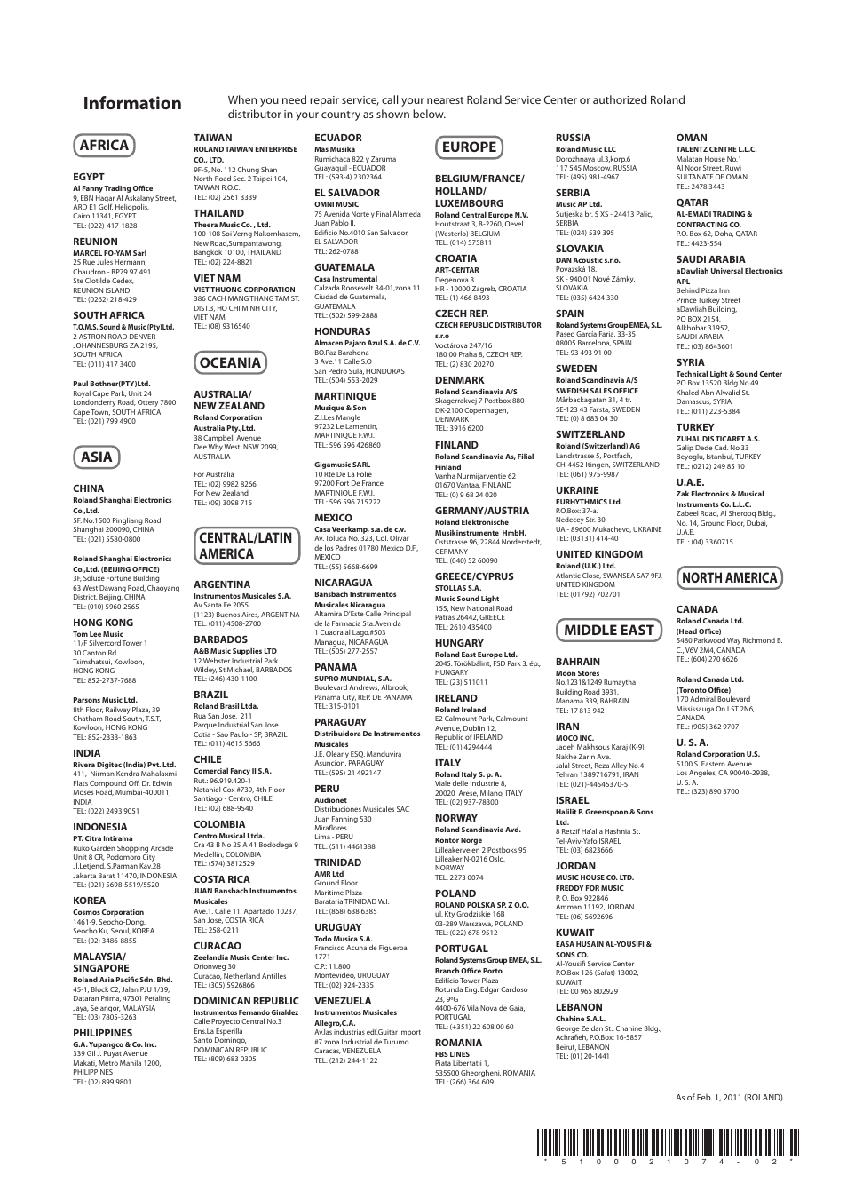 Information, Africa, Asia | Oceania, Central/latin america, Europe, Middle east, North america | Boss Audio Systems Boss Loop Station RC-300 User Manual | Page 48 / 48