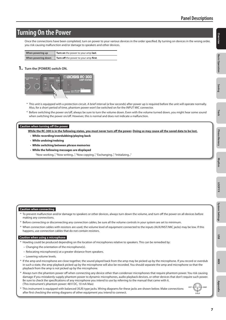 Turning on the power, Panel descriptions | Boss Audio Systems Boss Loop Station RC-300 User Manual | Page 7 / 48