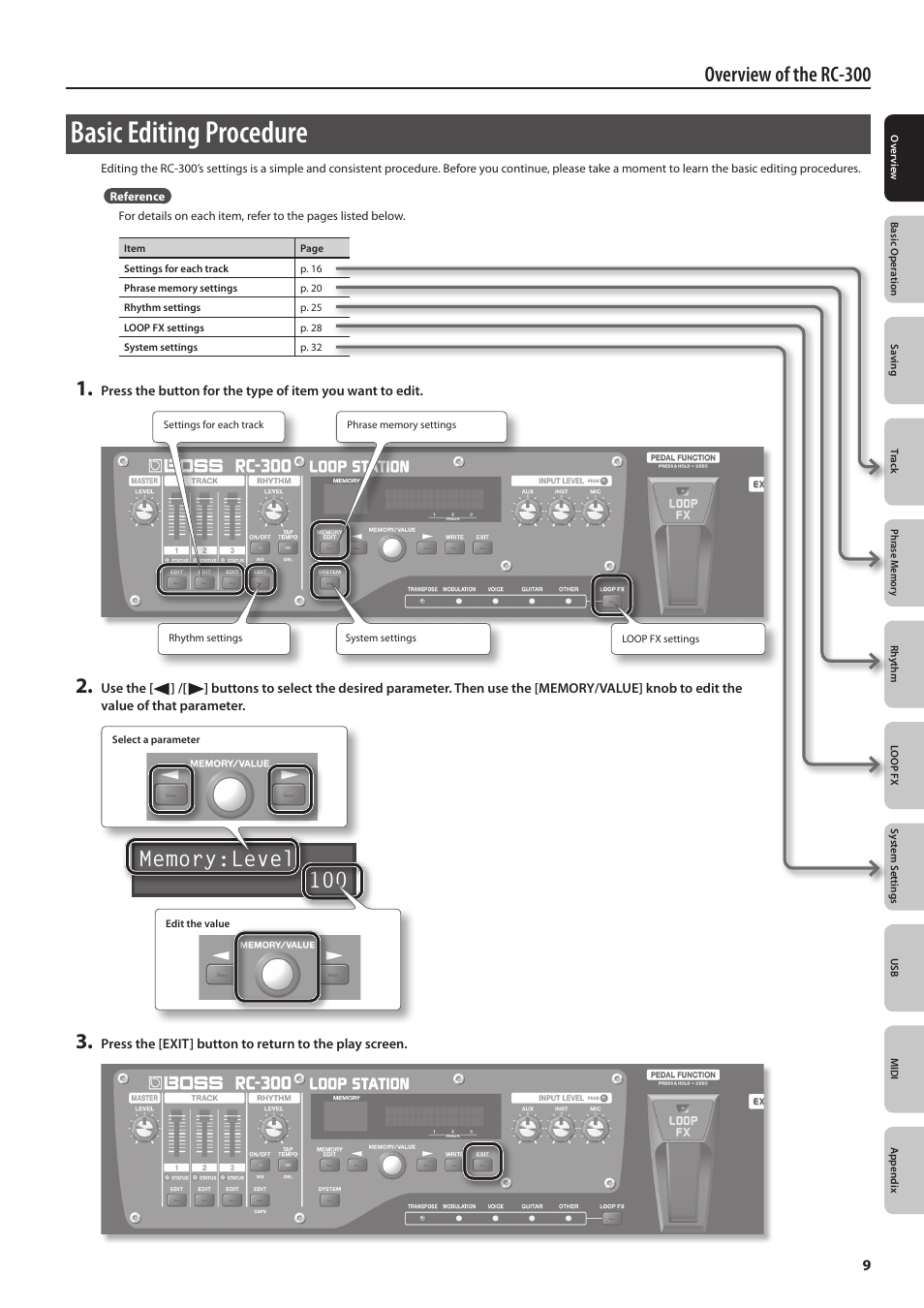 Basic editing procedure, Overview of the rc-300 | Boss Audio Systems Boss Loop Station RC-300 User Manual | Page 9 / 48