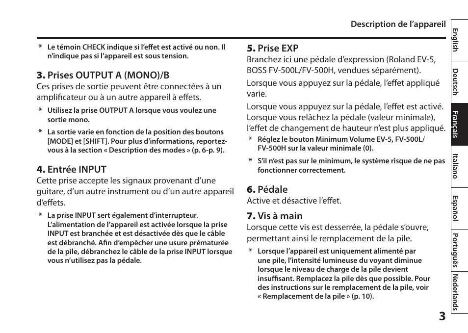 Prises output a (mono)/b, Entrée input, Prise exp | Pédale, Vis à main | Boss Audio Systems Harmonist PS-6 User Manual | Page 29 / 92