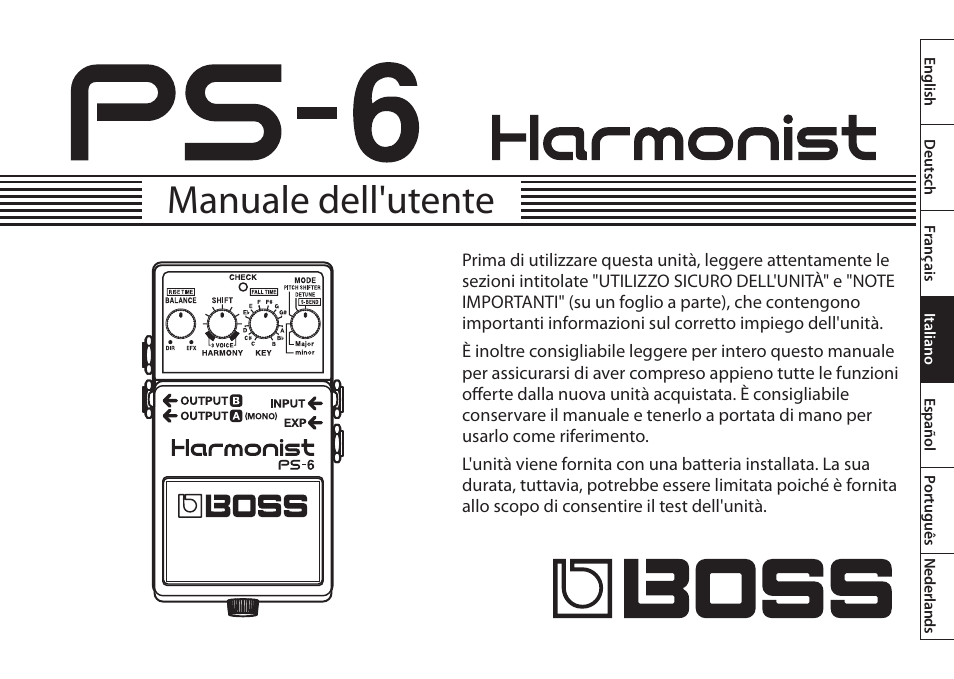 Italiano, Manuale dell'utente | Boss Audio Systems Harmonist PS-6 User Manual | Page 39 / 92