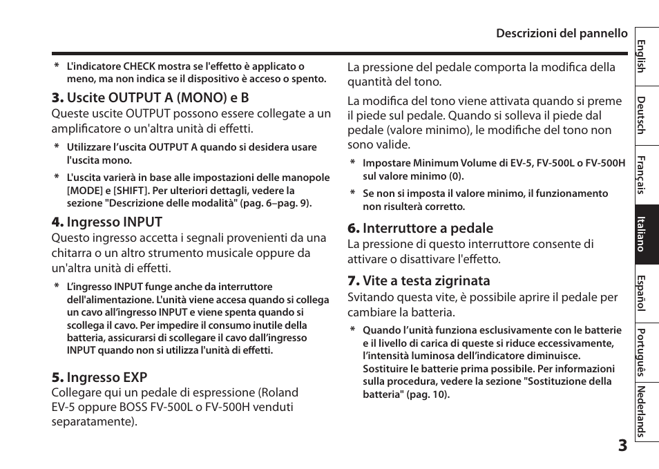 Uscite output a (mono) e b, Ingresso input, Ingresso exp | Interruttore a pedale, Vite a testa zigrinata | Boss Audio Systems Harmonist PS-6 User Manual | Page 41 / 92