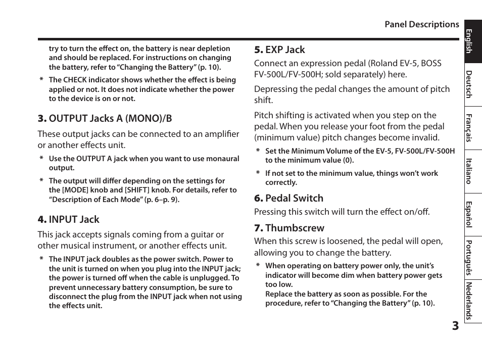 Output jacks a (mono)/b, Input jack, Exp jack | Pedal switch, Thumbscrew | Boss Audio Systems Harmonist PS-6 User Manual | Page 5 / 92