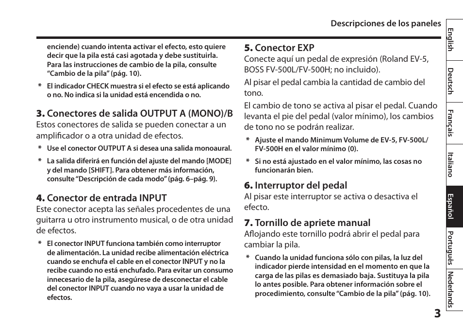 Conectores de salida output a (mono)/b, Conector de entrada input, Conector exp | Interruptor del pedal, Tornillo de apriete manual | Boss Audio Systems Harmonist PS-6 User Manual | Page 53 / 92