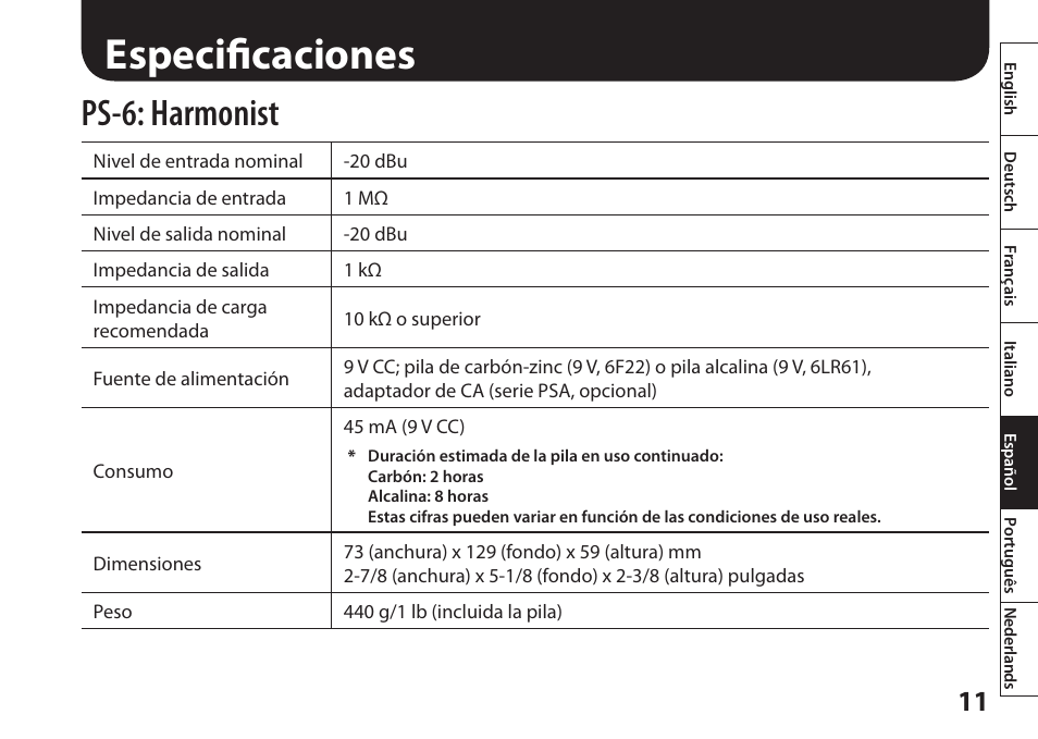 Especificaciones, Ps-6: harmonist | Boss Audio Systems Harmonist PS-6 User Manual | Page 61 / 92