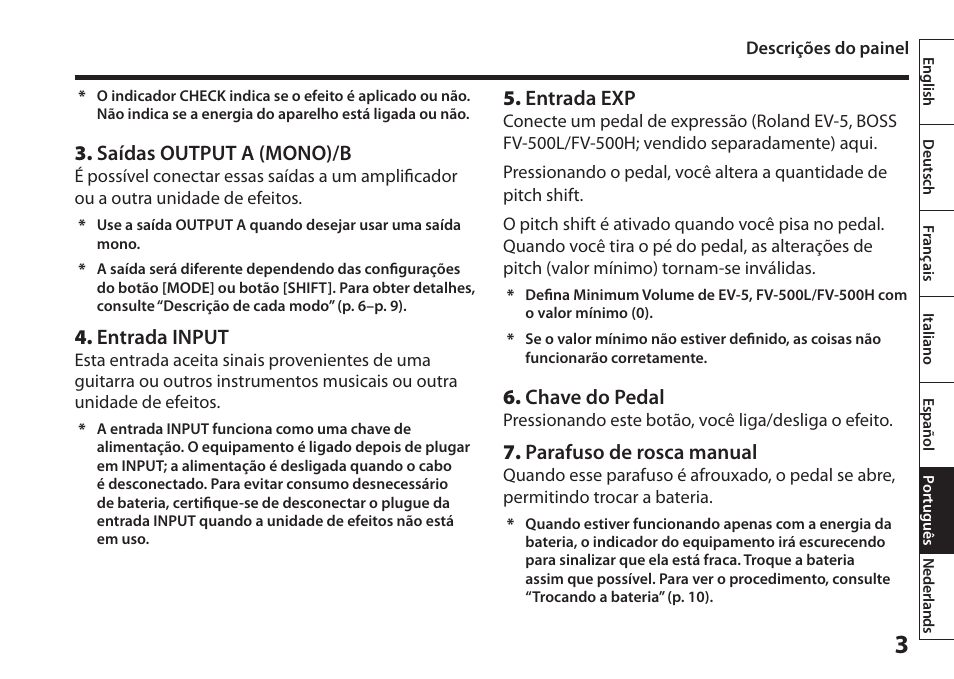 Saídas output a (mono)/b, Entrada input, Entrada exp | Chave do pedal, Parafuso de rosca manual | Boss Audio Systems Harmonist PS-6 User Manual | Page 65 / 92