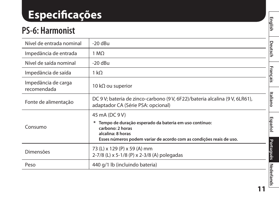 Especificações, Ps-6: harmonist | Boss Audio Systems Harmonist PS-6 User Manual | Page 73 / 92