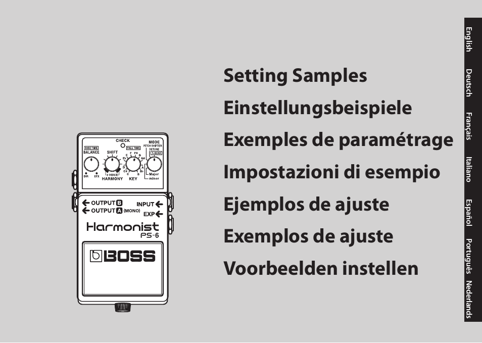 Setting samples, Einstellungsbeispiele, Exemples de paramétrage | Impostazioni di esempio, Ejemplos de ajuste, Exemplos de aju, Voorbeelden instellen | Boss Audio Systems Harmonist PS-6 User Manual | Page 87 / 92