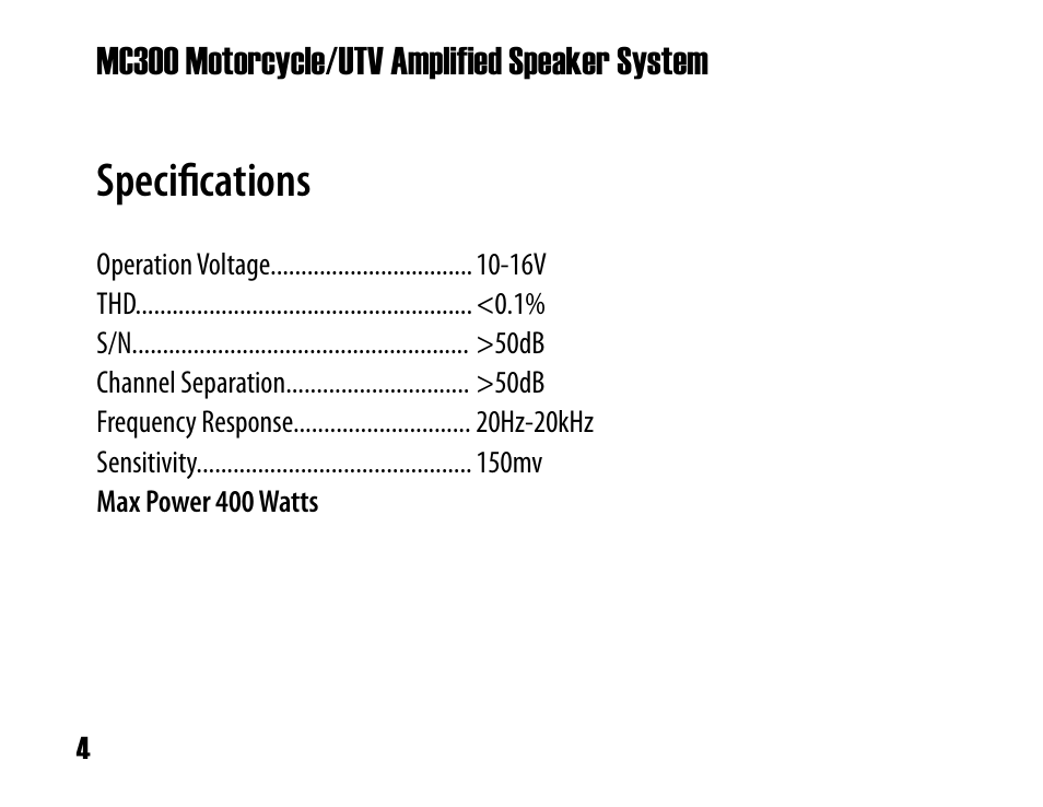 Specifications | Boss Audio Systems MC300 User Manual | Page 6 / 8
