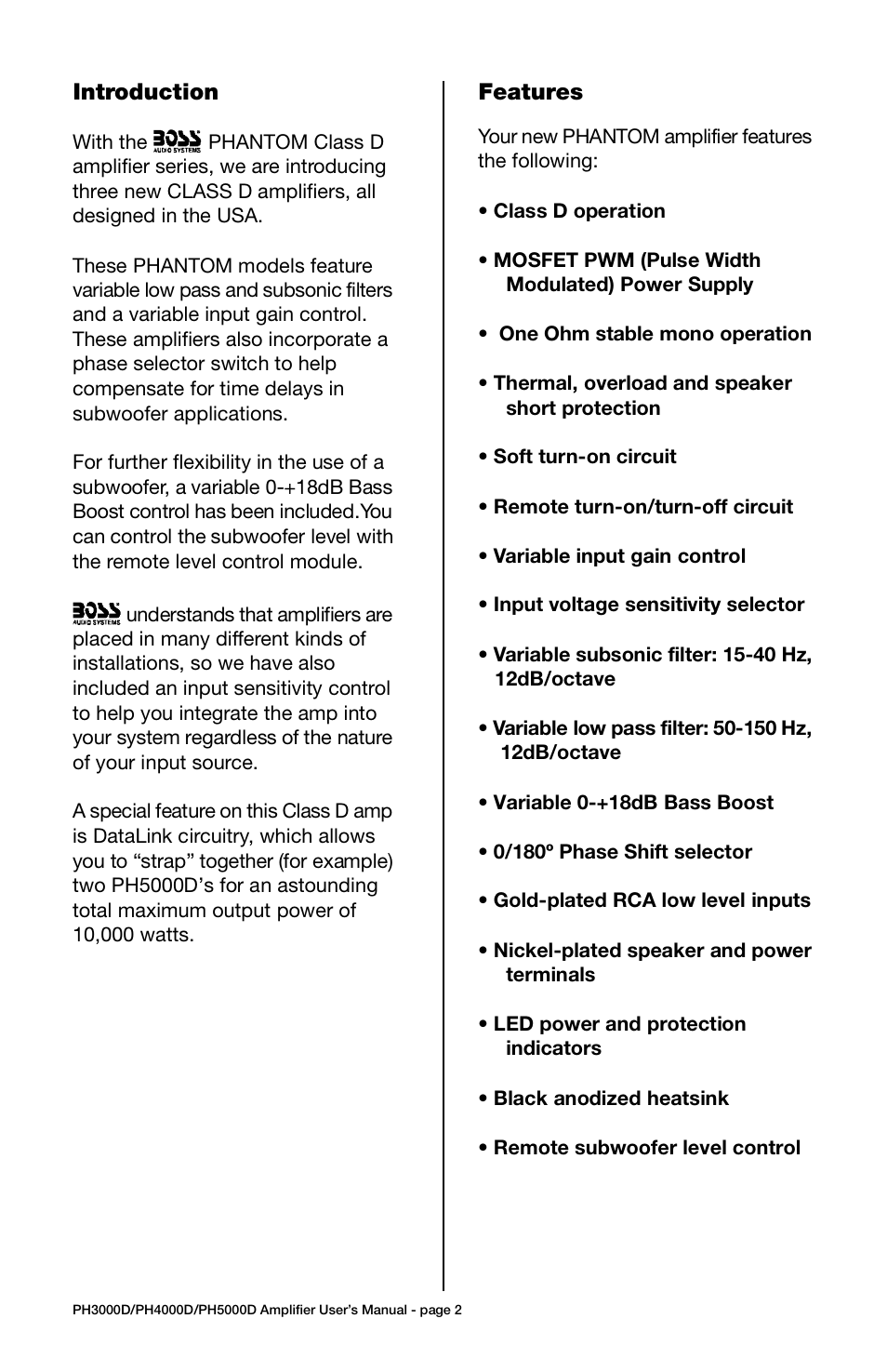 Troubleshooting, Specifications, Power connections | Features, Speaker connections | Boss Audio Systems PH4000D User Manual | Page 2 / 11