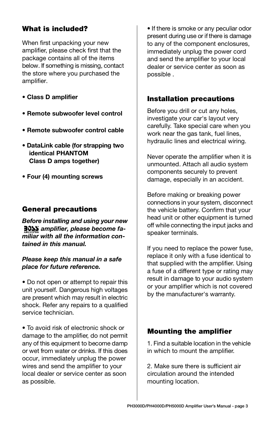 Troubleshooting, Specifications, Installation precautions | Mounting the amplifier, Power connections, General precautions, Speaker connections, What is included | Boss Audio Systems PH4000D User Manual | Page 3 / 11