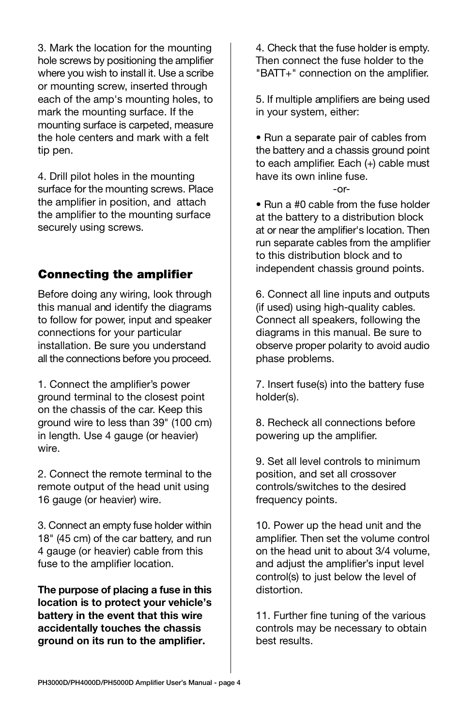 Troubleshooting, Specifications, Power connections | Connecting the amplifier, Speaker connections | Boss Audio Systems PH4000D User Manual | Page 4 / 11