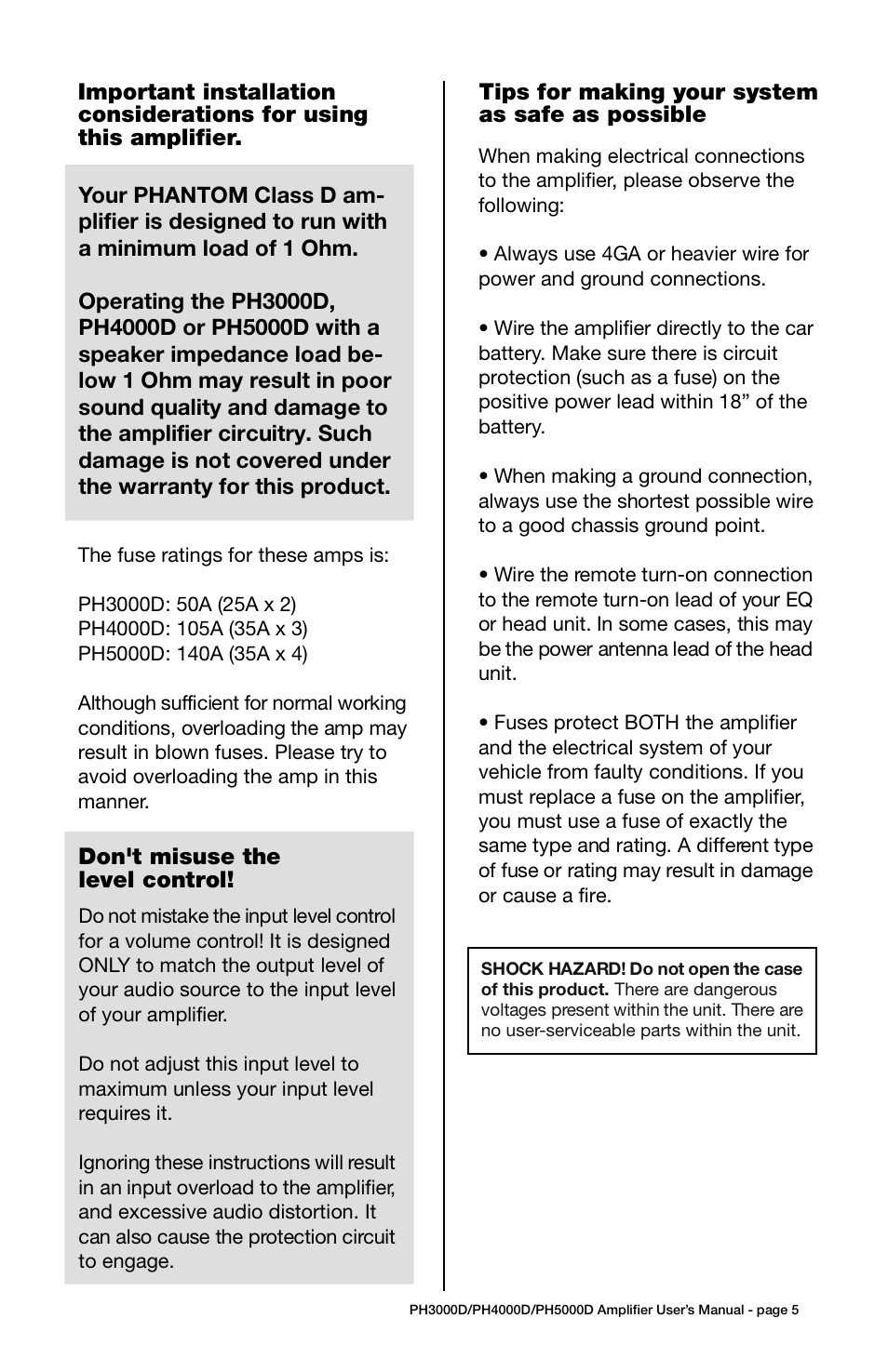 Troubleshooting, Specifications, Speaker connections | Don't misuse the level control | Boss Audio Systems PH4000D User Manual | Page 5 / 11