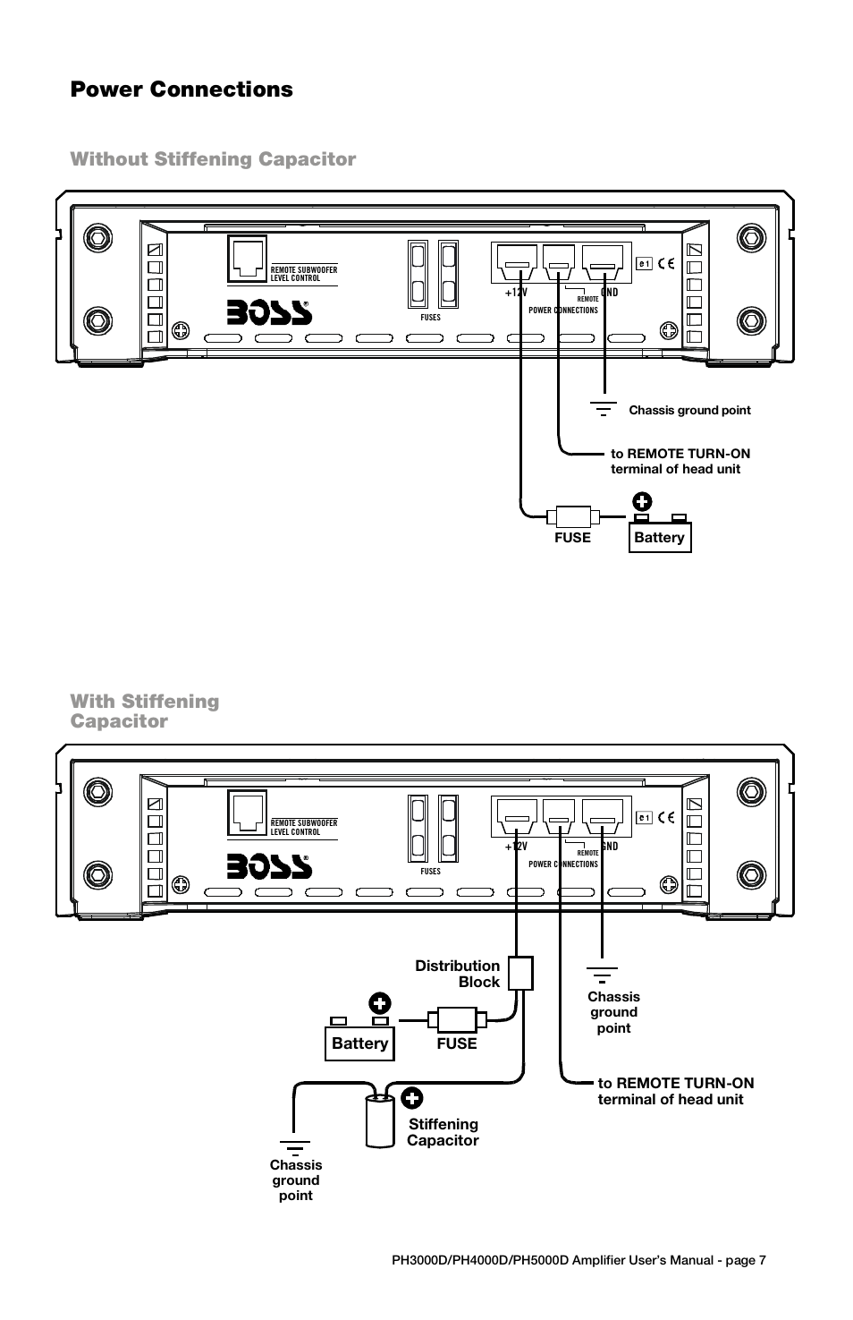 Troubleshooting, Specifications, Power connections | Speaker connections | Boss Audio Systems PH4000D User Manual | Page 7 / 11