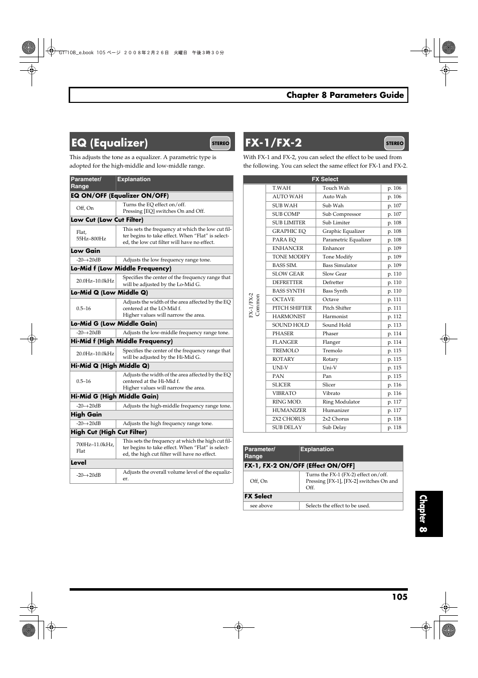 Eq (equalizer), Fx-1/fx-2, Eq (equalizer) fx-1/fx-2 | Chosen effects set by fx select (p. 105) will be, Chapter 8, 105 chapter 8 parameters guide | Boss Audio Systems GT-10B User Manual | Page 105 / 156