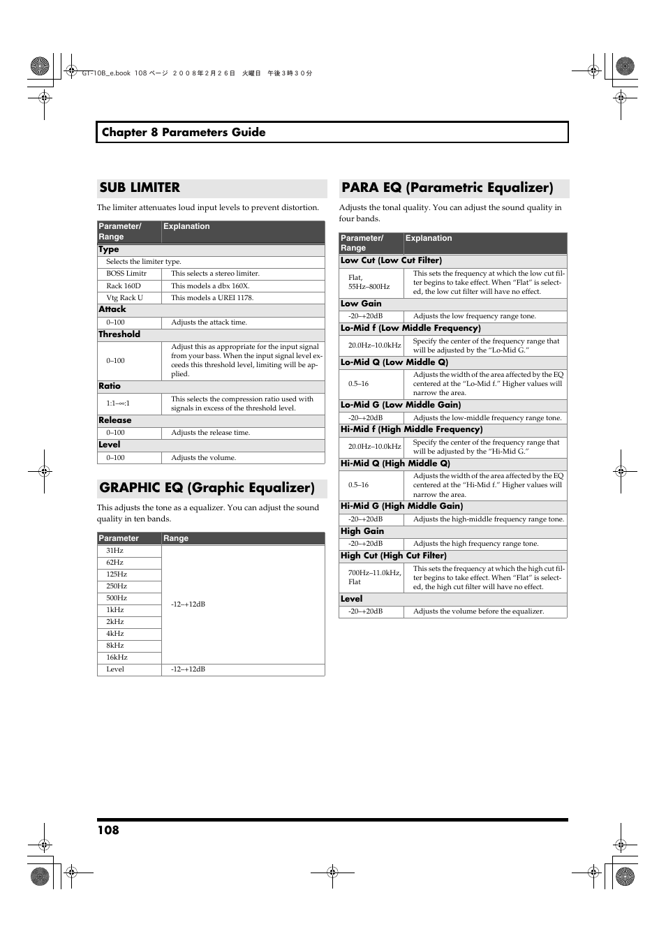 Sub limiter, Graphic eq (graphic equalizer), Para eq (parametric equalizer) | P. 108, 108 chapter 8 parameters guide | Boss Audio Systems GT-10B User Manual | Page 108 / 156