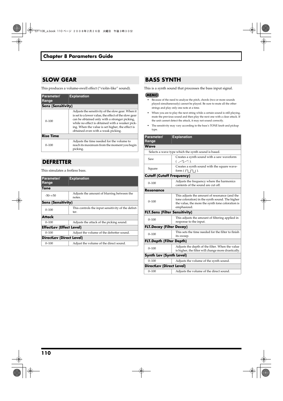 Slow gear, Defretter, Bass synth | Slow gear defretter bass synth, P. 110, 110 chapter 8 parameters guide | Boss Audio Systems GT-10B User Manual | Page 110 / 156
