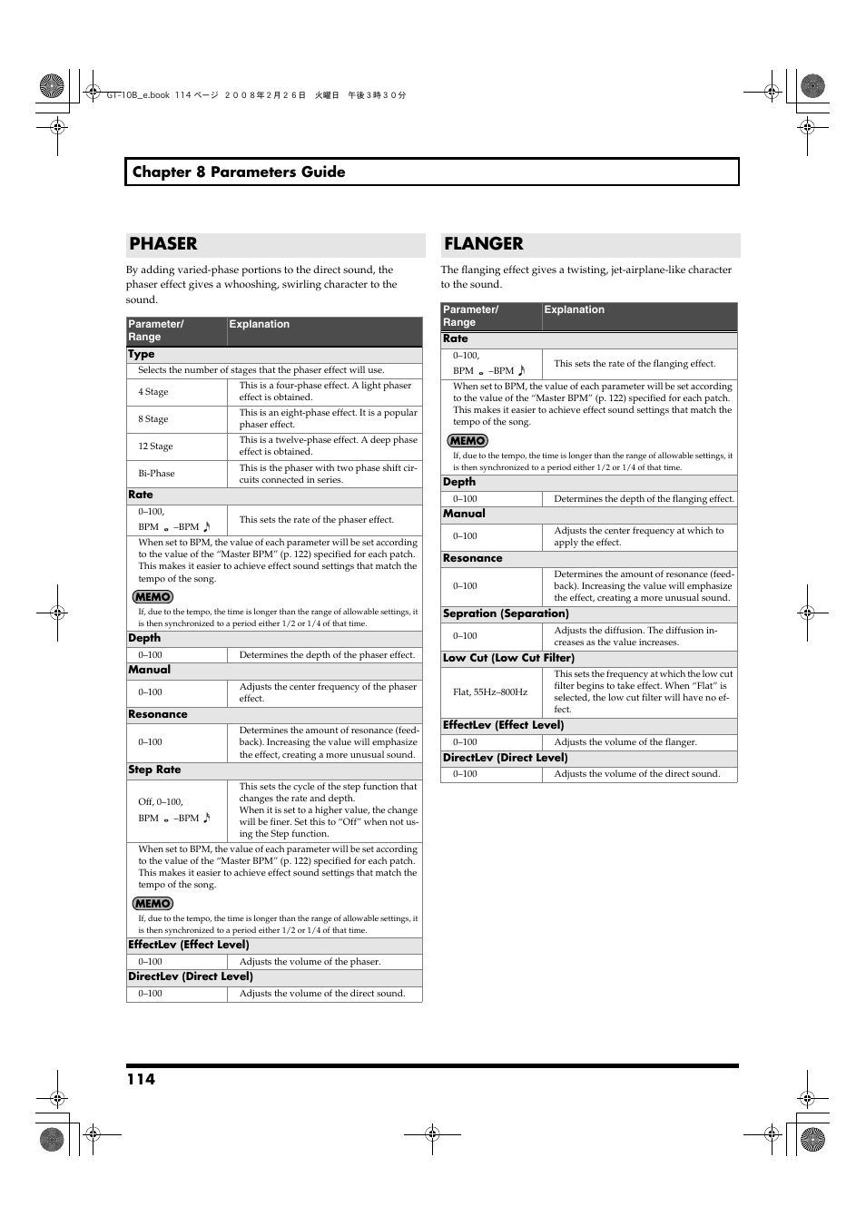 Phaser, Flanger, Phaser flanger | P. 114, 114 chapter 8 parameters guide | Boss Audio Systems GT-10B User Manual | Page 114 / 156