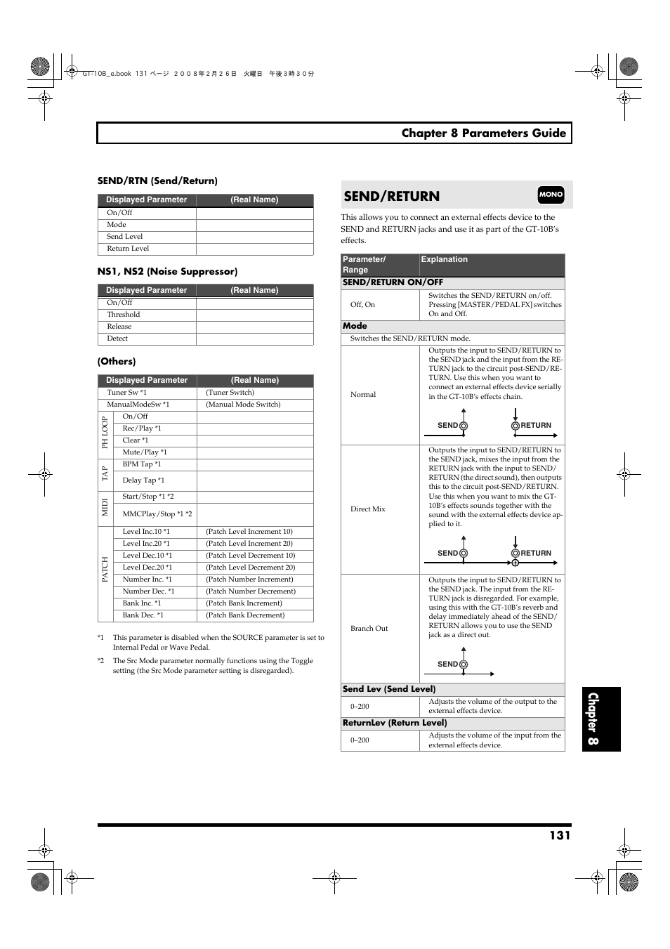 Send/return, Chapter 8, 131 chapter 8 parameters guide | Boss Audio Systems GT-10B User Manual | Page 131 / 156