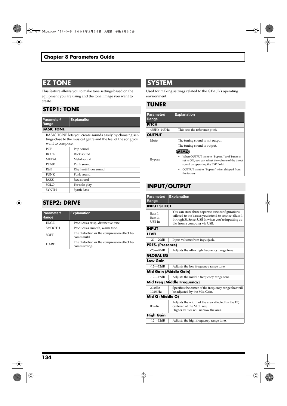 Ez tone, Step1: tone, Step2: drive | System, Tuner, Input/output, Step1: tone step2: drive, Tuner input/output, 134 chapter 8 parameters guide | Boss Audio Systems GT-10B User Manual | Page 134 / 156