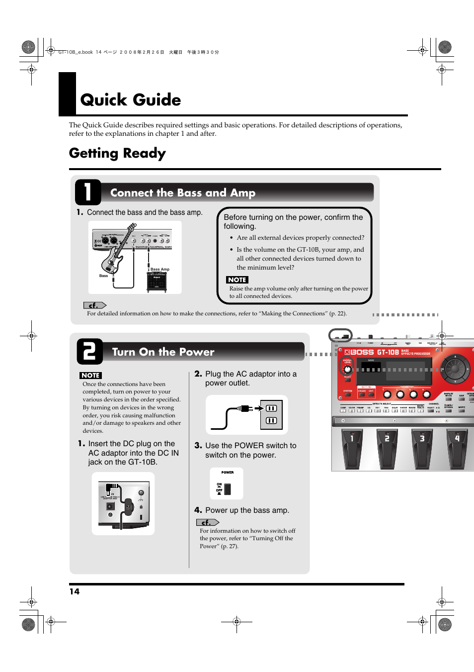 Quick guide, Getting ready, Connect the bass and amp | Turn on the power | Boss Audio Systems GT-10B User Manual | Page 14 / 156