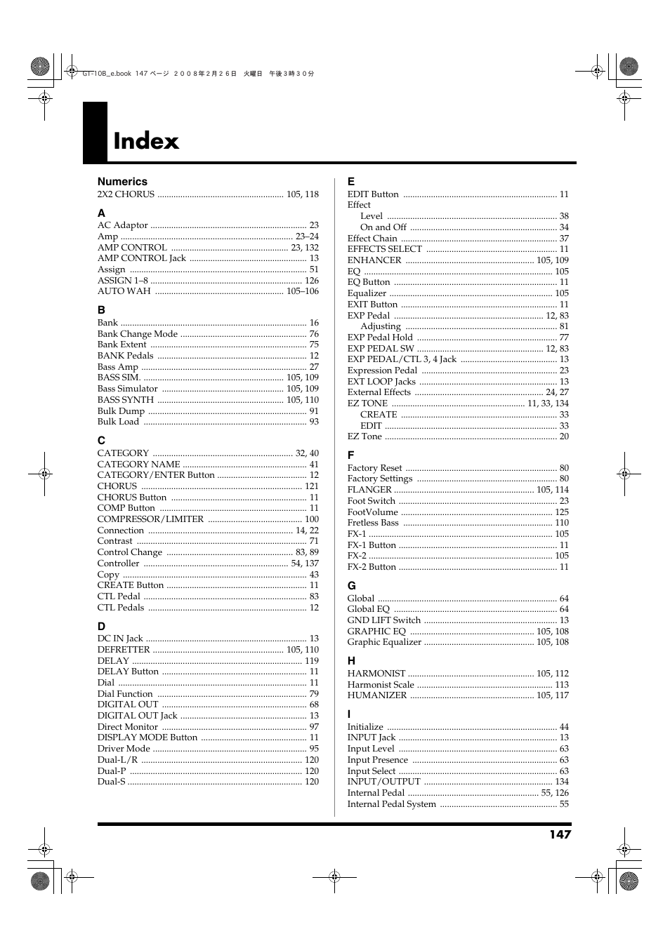 Index | Boss Audio Systems GT-10B User Manual | Page 147 / 156