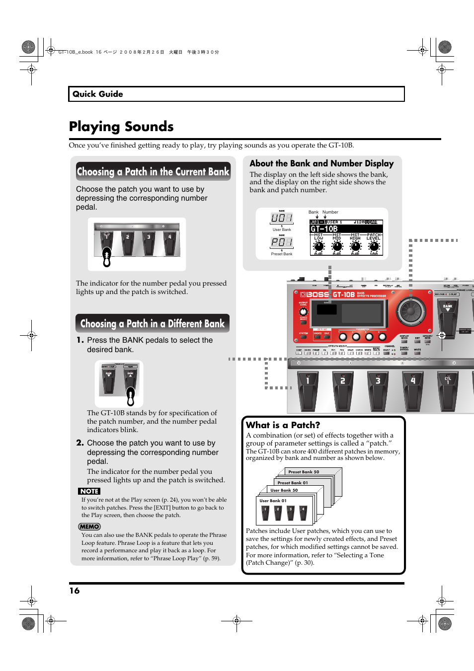 Playing sounds, Choosing a patch in the current bank, Choosing a patch in a different bank | About the bank and number display, What is a patch | Boss Audio Systems GT-10B User Manual | Page 16 / 156