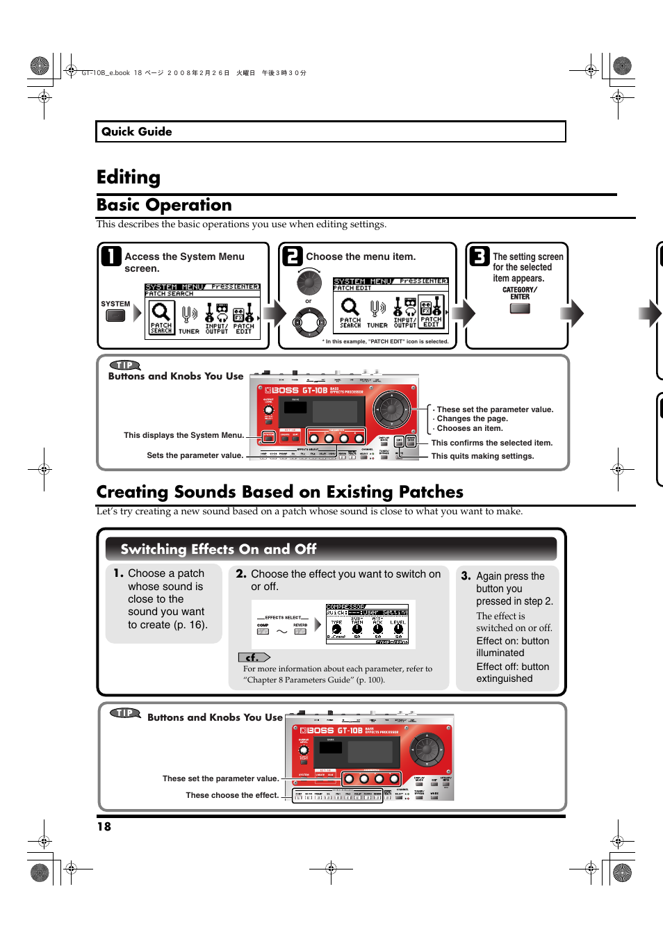 Editing, Basic operation, Creating sounds based on existing patches | Boss Audio Systems GT-10B User Manual | Page 18 / 156