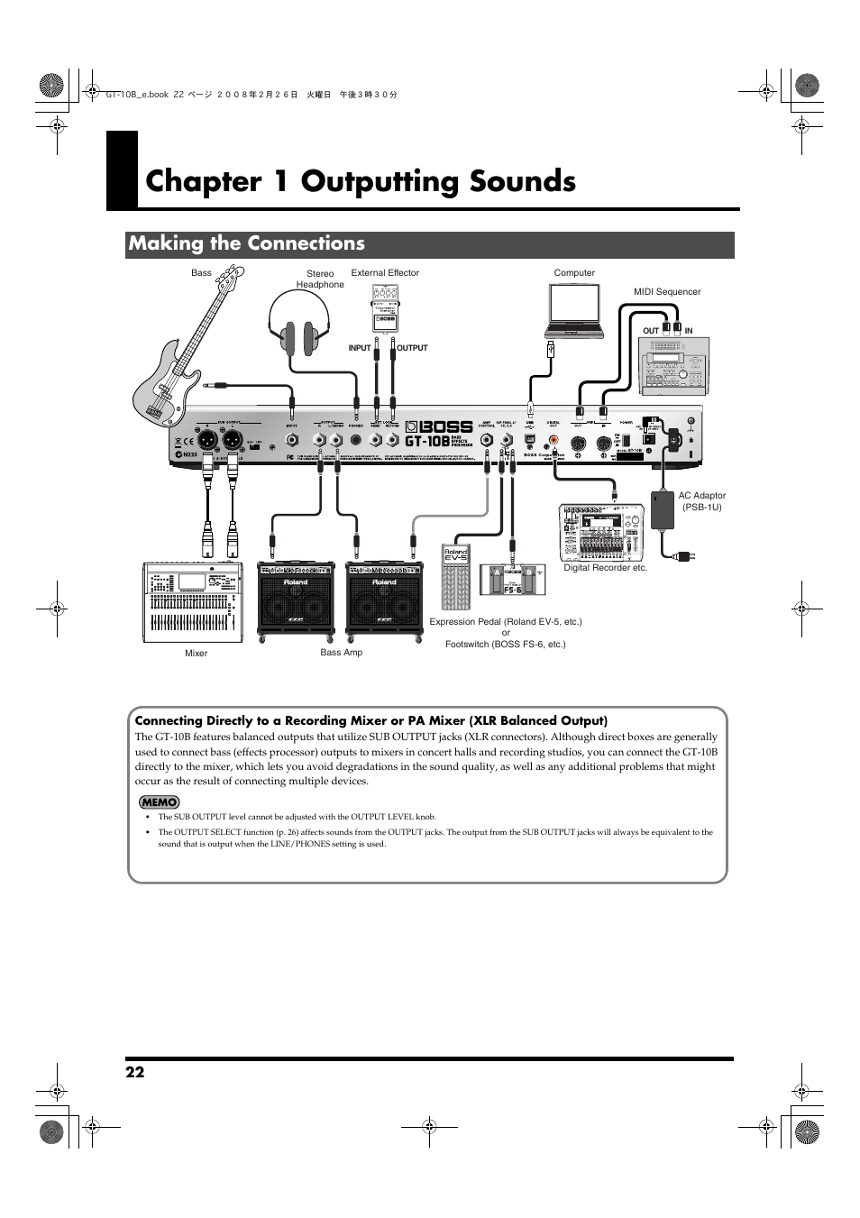 Chapter 1 outputting sounds, Making the connections, P. 22) | Plug from being disconnected (p. 22) | Boss Audio Systems GT-10B User Manual | Page 22 / 156