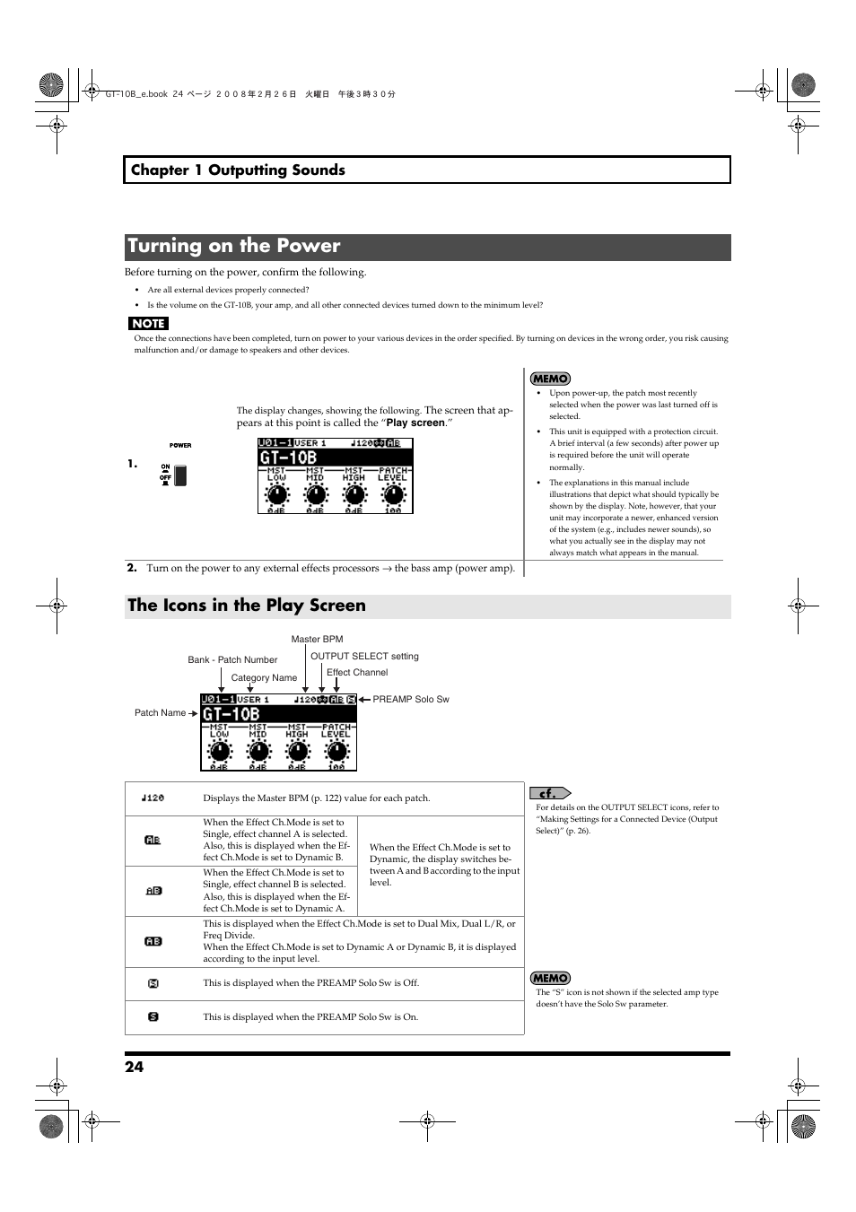 Turning on the power, The icons in the play screen, 24 chapter 1 outputting sounds | Boss Audio Systems GT-10B User Manual | Page 24 / 156