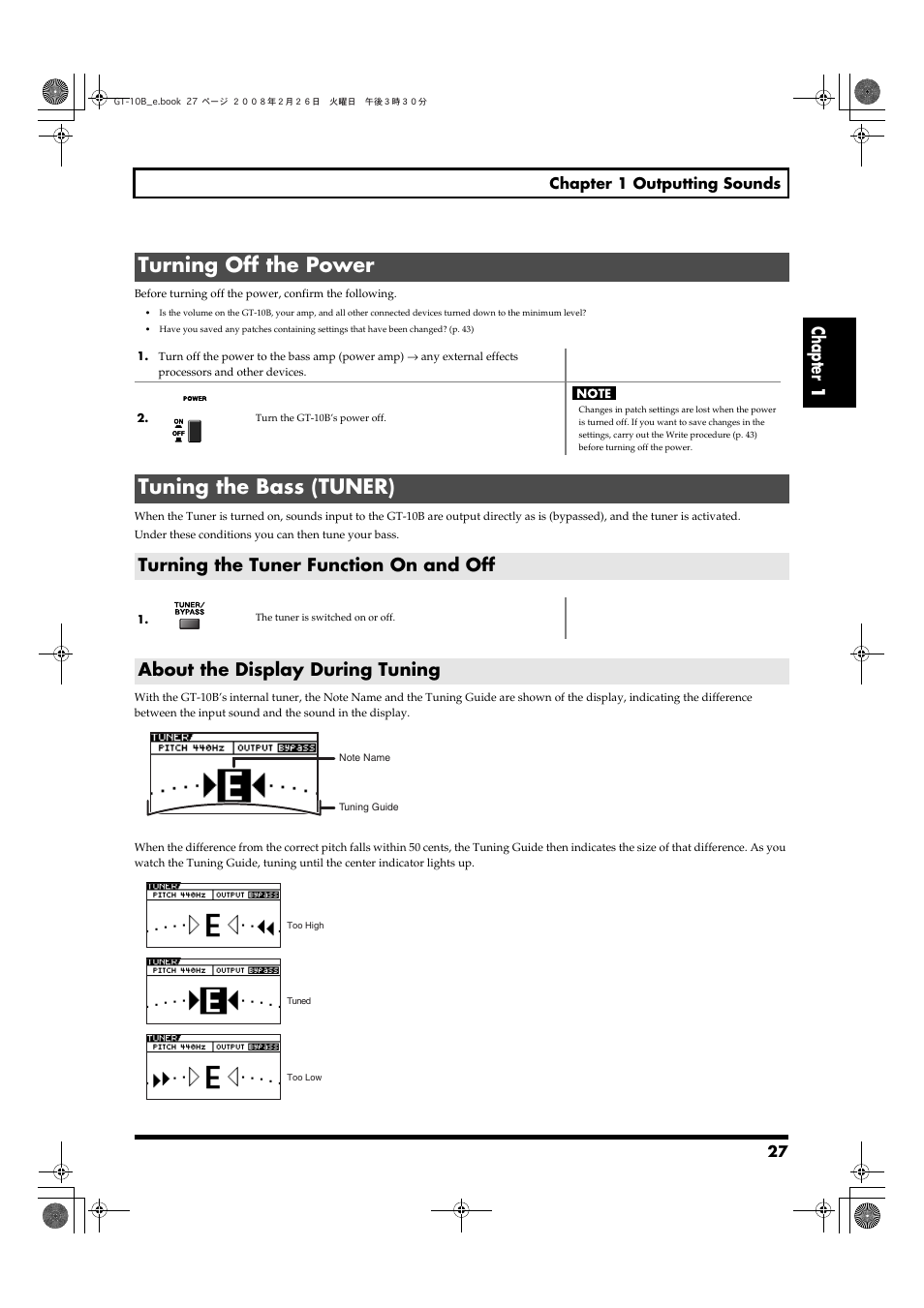 Turning off the power, Tuning the bass (tuner), Turning the tuner function on and off | About the display during tuning, Turning off the power tuning the bass (tuner), Press to use the tuner features (p. 27), Chapter 1 | Boss Audio Systems GT-10B User Manual | Page 27 / 156