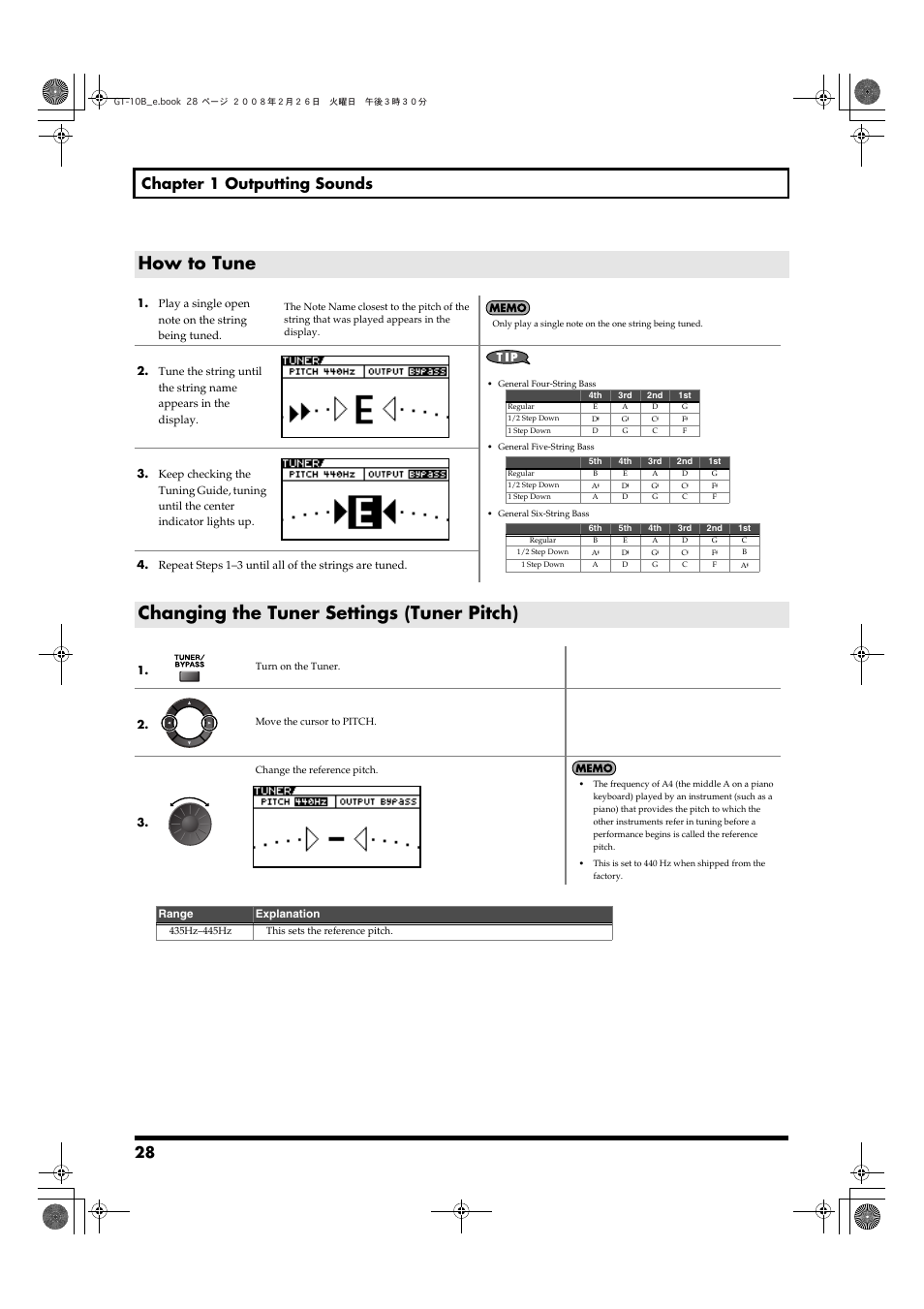 How to tune, Changing the tuner settings (tuner pitch), 28 chapter 1 outputting sounds | Boss Audio Systems GT-10B User Manual | Page 28 / 156