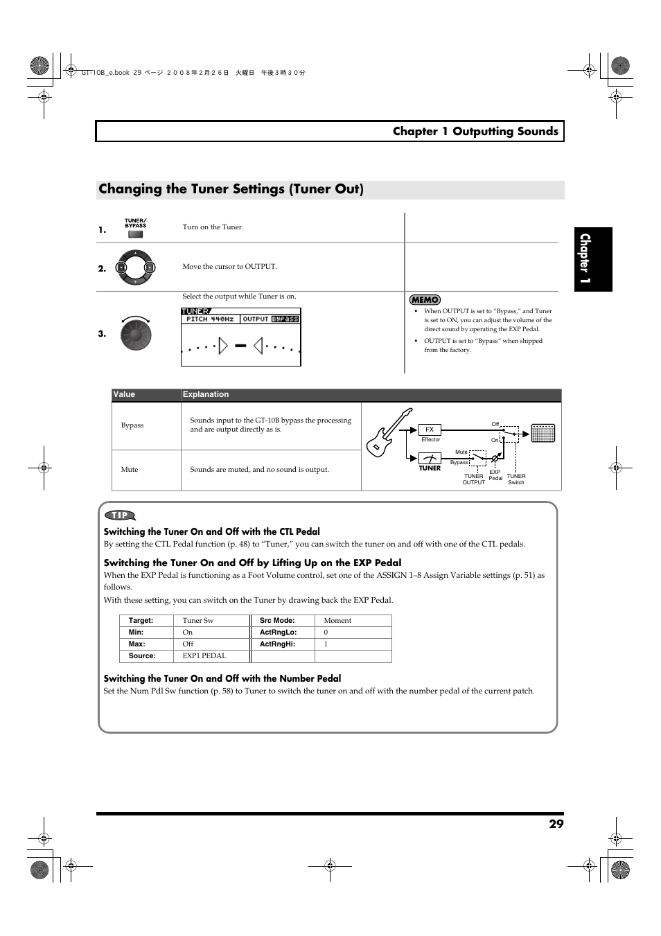 Changing the tuner settings (tuner out), Chapter 1 changing the tuner settings (tuner out), 29 chapter 1 outputting sounds | Boss Audio Systems GT-10B User Manual | Page 29 / 156