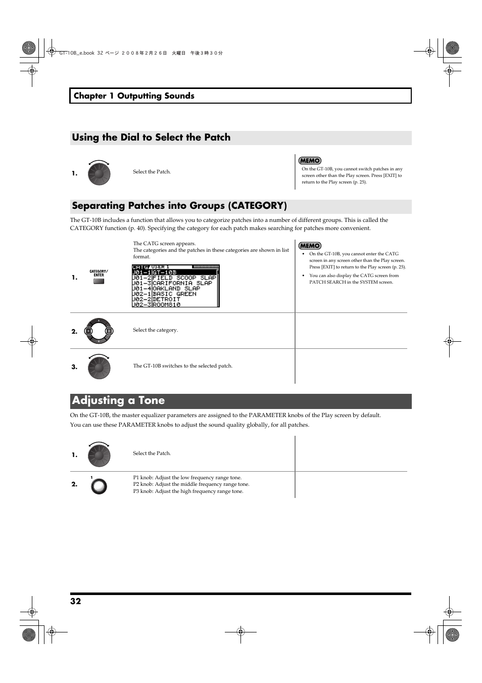 Using the dial to select the patch, Separating patches into groups (category), Adjusting a tone | Boss Audio Systems GT-10B User Manual | Page 32 / 156