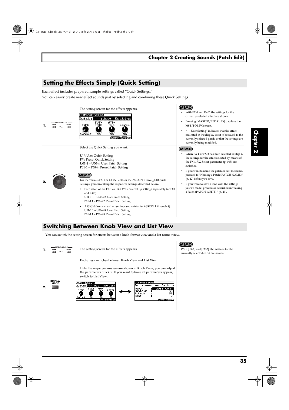 Setting the effects simply (quick setting), Switching between knob view and list view, Chapter 2 | 35 chapter 2 creating sounds (patch edit) | Boss Audio Systems GT-10B User Manual | Page 35 / 156