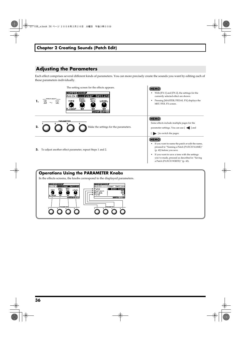 Adjusting the parameters, 36 chapter 2 creating sounds (patch edit), Operations using the parameter knobs | Boss Audio Systems GT-10B User Manual | Page 36 / 156