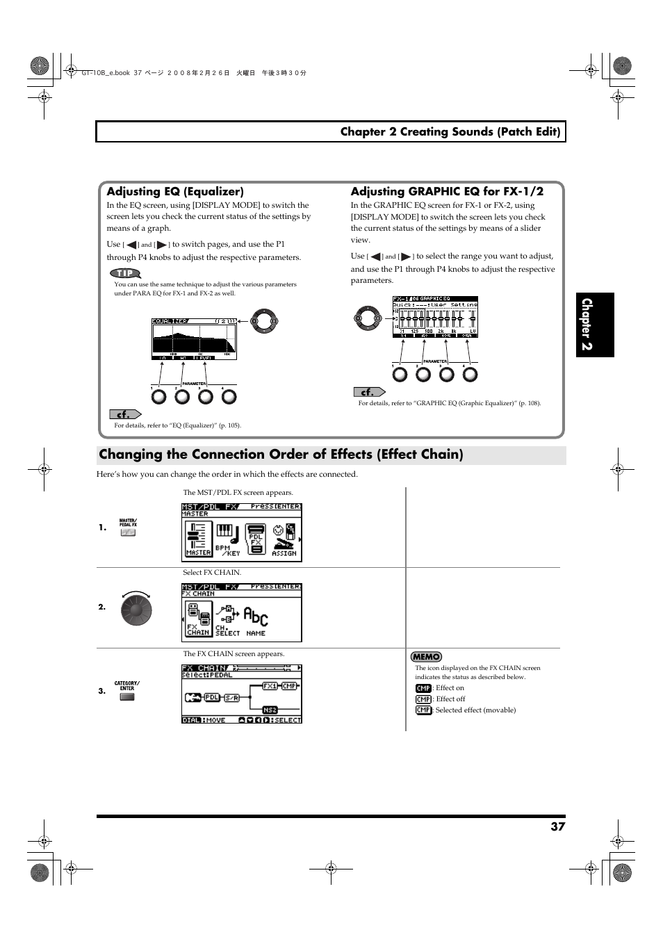 Chapter 2, 37 chapter 2 creating sounds (patch edit), Adjusting eq (equalizer) | Adjusting graphic eq for fx-1/2 | Boss Audio Systems GT-10B User Manual | Page 37 / 156