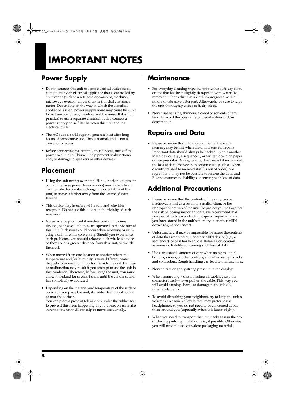 Important notes, Power supply, Placement | Maintenance, Repairs and data, Additional precautions | Boss Audio Systems GT-10B User Manual | Page 4 / 156